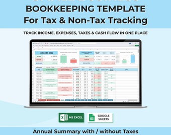 Small Business Bookkeeping Template for Excel & Google Sheets | Income Expense Tracker | 1099 Self Employed Tax Spreadsheet | Annual Summary