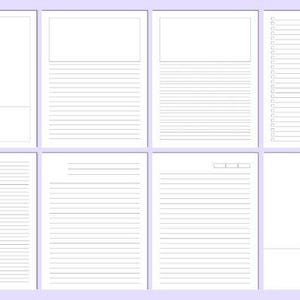 May include: Eight white paper pages with different layouts. Some pages have lined sections for writing, while others have blank areas or a checklist. The pages are arranged in a grid, providing a variety of design options for note-taking or planning.
