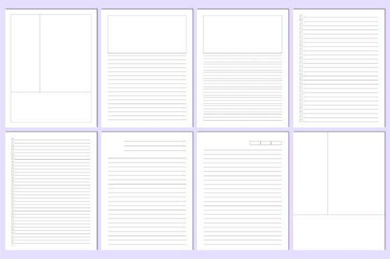 May include: Eight white paper pages with different layouts. Some pages have lined sections for writing, while others have blank areas or a checklist. The pages are arranged in a grid, providing a variety of design options for note-taking or planning.