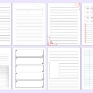 May include: Eight white paper pages with different layouts for journaling or note-taking. Designs include lined pages, dot grids, checklists, and blank spaces, with decorative elements like hearts and dots.