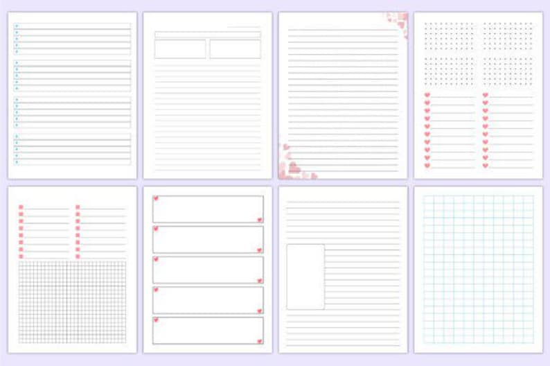 May include: Eight white paper pages with different layouts for journaling or note-taking. Designs include lined pages, dot grids, checklists, and blank spaces, with decorative elements like hearts and dots.