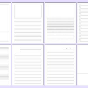 May include: Eight white paper pages with different layouts. Some have horizontal lines for writing, others feature a blank top section and lined bottom. One page includes a checklist, and another has a two-column design. Metric measurements.