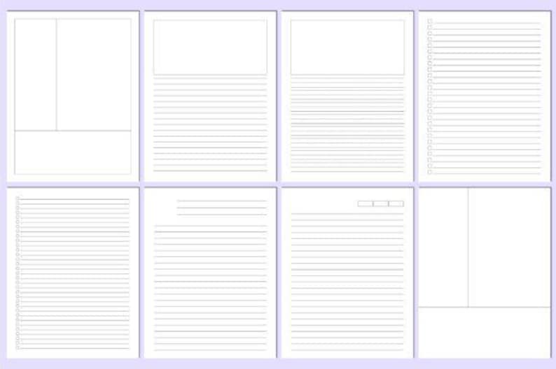 May include: Eight white paper pages with different layouts. Some have horizontal lines for writing, others feature a blank top section and lined bottom. One page includes a checklist, and another has a two-column design. Metric measurements.