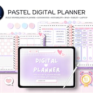 May include: A pastel-themed digital planner with a tablet and several open planner pages. The tablet displays "DIGITAL PLANNER" in a soft font. The planner pages feature weekly menus and calendar layouts. The image includes a stylus and a "Best Seller" sticker.