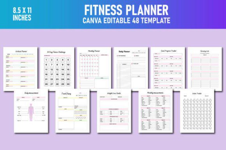 Editable Fitness Planner Canva Template | Workout Tracker, Goal Setting ...