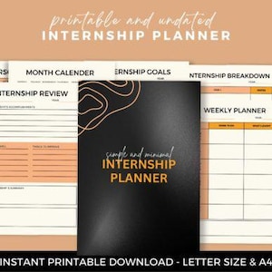 Op de afbeelding: Een verzameling afdrukbare en ongedateerde stageplannerpagina's. De omslag is zwart met de tekst "simple and minimal INTERNSHIP PLANNER" in wit en oranje. Andere pagina's bevatten een maandkalender, stage-doelen en een weekplanner.