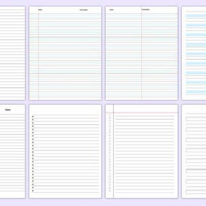 May include: Eight different designs of lined paper are shown, each with a white background and various line styles. Some pages have headers such as "Date" or "Your Notes". The lines are in black, blue, and red.