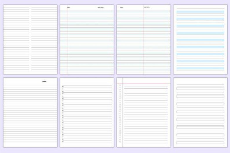 May include: Eight different designs of lined paper are shown, each with a white background and various line styles. Some pages have headers such as "Date" or "Your Notes". The lines are in black, blue, and red.