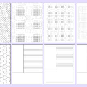 May include: Eight white paper pages featuring different grid patterns. Designs include diagonal lines, dots, hexagons, horizontal lines, and a square grid. The pages are arranged in a grid layout.