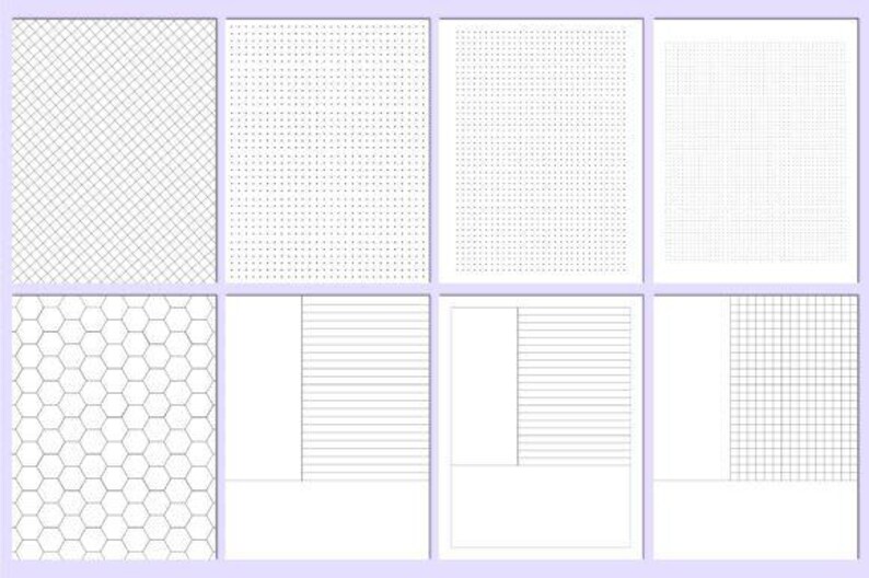 May include: Eight white paper pages featuring different grid patterns. Designs include diagonal lines, dots, hexagons, horizontal lines, and a square grid. The pages are arranged in a grid layout.