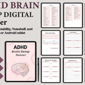 Op de afbeelding: Digitale ADHD Brain Dump Planner voor iPad of Android tablet. De planner bevat 66 pagina's en is 21,59 cm x 27,94 cm groot. De planner is hyperlinked en gemaakt in Canva. De planner bevat pagina's voor actieplannen, brain dumps, etc.