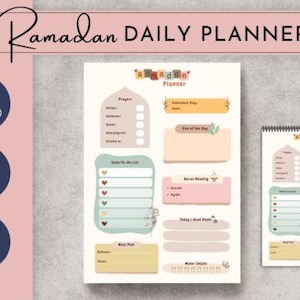 May include: A Ramadan Daily Planner in A4 size (8.3x11.7 inches). The planner features a one-page design with editable PDF, PNG, and JPG formats. The design includes sections for projects, to-do lists, and daily tasks, with a soft color palette.