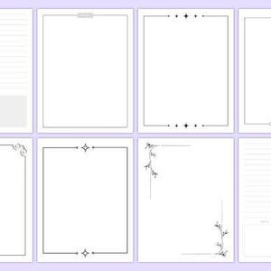 May include: Eight white paper pages with decorative borders are shown. Some pages have lines, others are blank. The borders feature various designs, including geometric shapes and floral elements. Ideal for stationery.