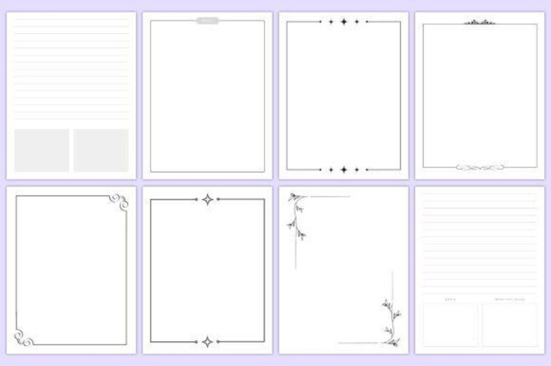 May include: Eight white paper pages with decorative borders are shown. Some pages have lines, others are blank. The borders feature various designs, including geometric shapes and floral elements. Ideal for stationery.