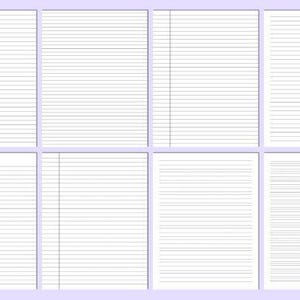 May include: Eight sheets of white lined paper arranged in a grid. Each sheet has horizontal lines for writing, with some featuring a vertical margin. The paper is set against a pale purple background.