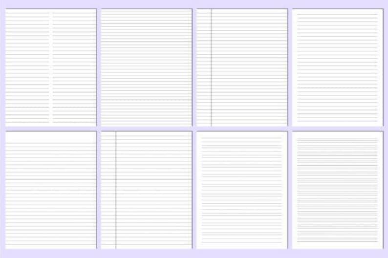 May include: Eight sheets of white lined paper arranged in a grid. Each sheet has horizontal lines for writing, with some featuring a vertical margin. The paper is set against a pale purple background.