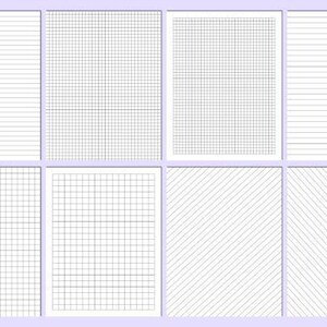 May include: Eight white paper sheets featuring different line and grid designs. The patterns include horizontal lines, graph paper grids, and diagonal lines. The sheets are arranged in a rectangular format with a light purple border.