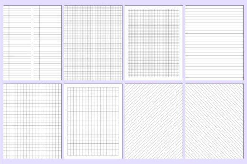 May include: Eight white paper sheets featuring different line and grid designs. The patterns include horizontal lines, graph paper grids, and diagonal lines. The sheets are arranged in a rectangular format with a light purple border.