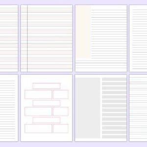 May include: Eight different layouts of lined paper, each with a different design. Some pages have vertical lines, others have a blank space on the side, and some have a section for text boxes.