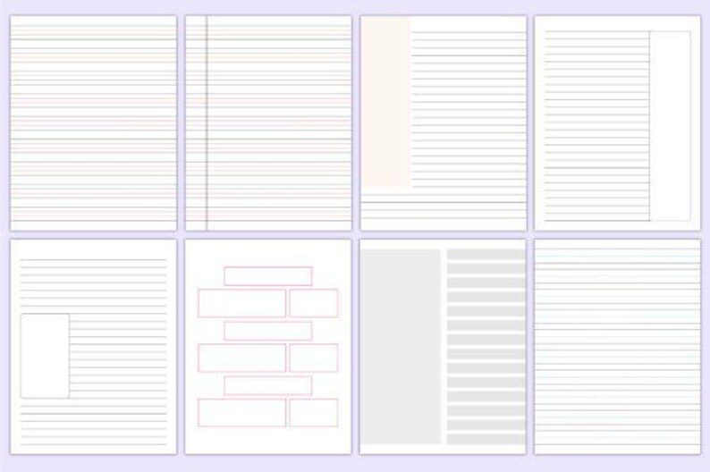 May include: Eight different layouts of lined paper, each with a different design. Some pages have vertical lines, others have a blank space on the side, and some have a section for text boxes.