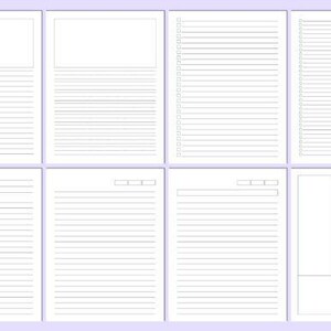 May include: Eight white paper pages with horizontal lines, ideal for writing. Some pages have a header section, and one has a spiral binding. The pages are arranged in a grid pattern, suitable for note-taking or journaling.