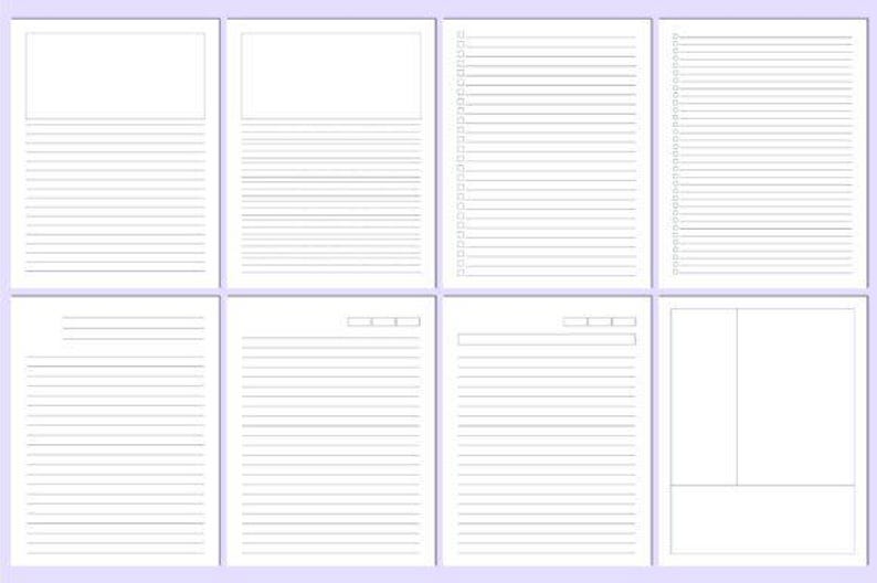 May include: Eight white paper pages with horizontal lines, ideal for writing. Some pages have a header section, and one has a spiral binding. The pages are arranged in a grid pattern, suitable for note-taking or journaling.