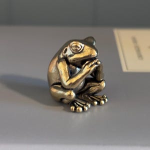 May include: A small, detailed bronze frog figurine in a seated position, with its hands clasped together. The frog has a textured surface and is resting on a light grey surface. The figurine is a decorative item.