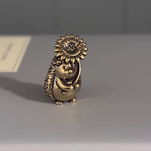 Small Brass Hedgehog Holding A Sunflower - Small Gift Pouch or Gift Box Included.