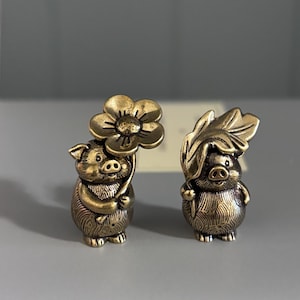 Small Brass Pigs - Flower & Lotus Leaf Aloft - Small Gift Box Included ‘Gift Ready’