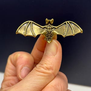 May include: A bronze bat-shaped pin with detailed wing patterns. The bat's wings are spread wide, and the body has a textured design. The pin is held between fingers against a dark blue background. This decorative pin is suitable for Halloween or gothic themes.
