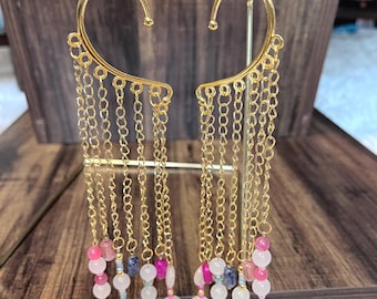 Orecchini a cascata dorati, orecchini a nappine, orecchini a cascata con catena lunga, rosa chiaro, orecchini asimmetrici, perfetti per un matrimonio, un regalo per lei.