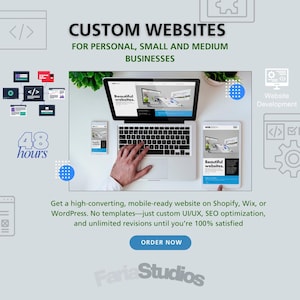 May include: An advertisement for custom website design services. The image features a laptop, smartphone, and tablet displaying website mockups. Text includes "CUSTOM WEBSITES" and "ORDER NOW". The design promises mobile-ready websites with SEO optimization.