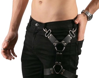 Leather Thigh Harness Belt Unisex - Gothic Festival Outfit Gift Clubwear Leg Strap - Metallic Buckle Detail - PU Leather
