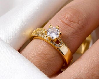 Geometric Zircon Gold Ring — Stainless Steel | Adjustable Size | Luxury Women's Jewelry | Wedding & Party Gift