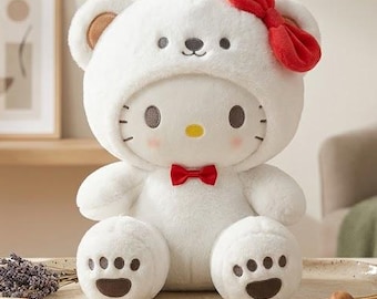Kawaii White Bear Plush Doll with Red Bow - Cute Kitty Stuffed Animal Toy (25cm) - Soft Y2K Aesthetic Room Decor & Birthday Gift for Girls