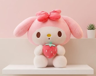 Kawaii Pink Bunny Plush with Strawberry - Cute Floppy Ear Stuffed Animal Toy - Soft Y2K Coquette Room Decor & Gift for Girls
