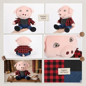 May include: A plush pig doll with a pink body, wearing a black shirt, blue jeans, and a red and black plaid jacket. The doll has embroidered facial features and black shoes. The image includes a "Fabric Details" tag.