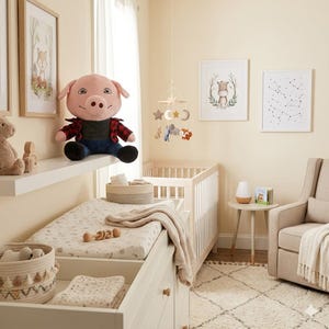 May include: A nursery scene with a white crib, changing table, and a beige rocking chair. A plush pig wearing a plaid shirt sits on a shelf. A mobile hangs above the crib, and framed art decorates the walls. A rug and side table complete the room.