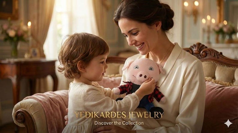 May include: A young child and an adult are seated on a plush, pink sofa, interacting with a stuffed pig toy. The pig has a pink body, blue pants, and a red and black plaid shirt. The text "YEDIKARDES JEWELRY Discover the Collection" is visible.