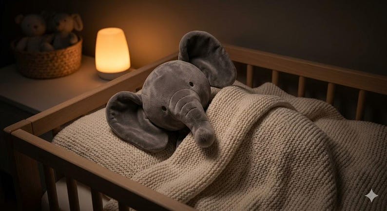 K&ouml;nnte beinhalten: Ein graues Pl&uuml;schelefanten-Spielzeug liegt auf einer cremefarbenen Strickdecke in einem Holzbettchen. Eine kleine, leuchtende Lampe steht auf einem Nachttisch im Hintergrund, mit einem Korb voller Teddyb&auml;ren.