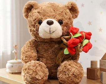 Romantic Plush Teddy Bear with Red Heart & Rose | Valentine's Day Gift for Girlfriend | Anniversary Stuffed Animal | Cute Bear Toy 16cm 25cm