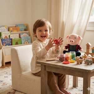 May include: A young child smiles while playing with colorful play dough at a small wooden table. A plush pig toy and wooden blocks are nearby. The scene is set in a bright, inviting room with a bookshelf and a neutral-toned chair.
