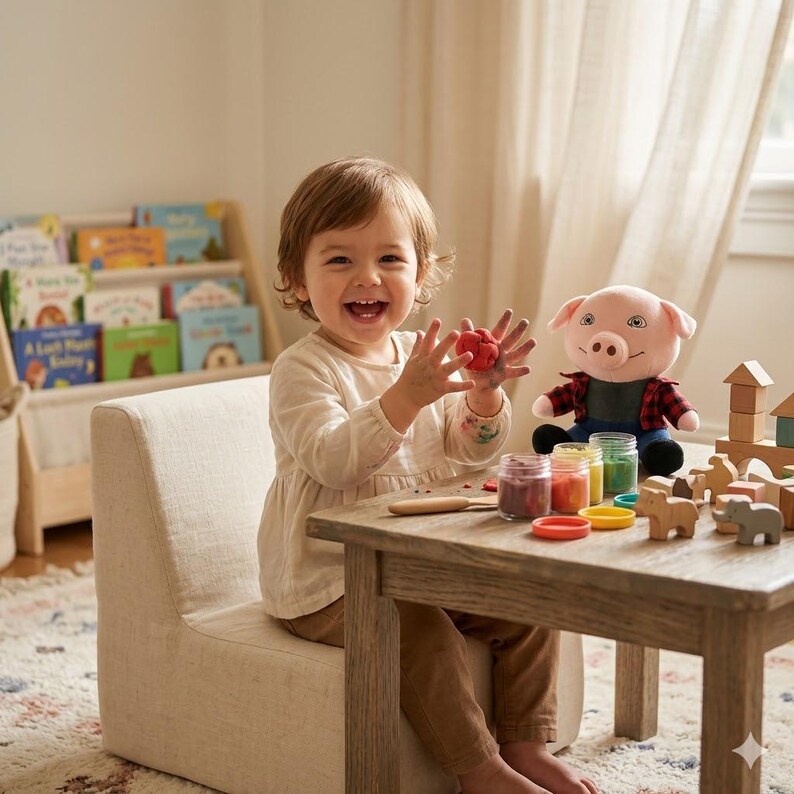 May include: A young child smiles while playing with colorful play dough at a small wooden table. A plush pig toy and wooden blocks are nearby. The scene is set in a bright, inviting room with a bookshelf and a neutral-toned chair.