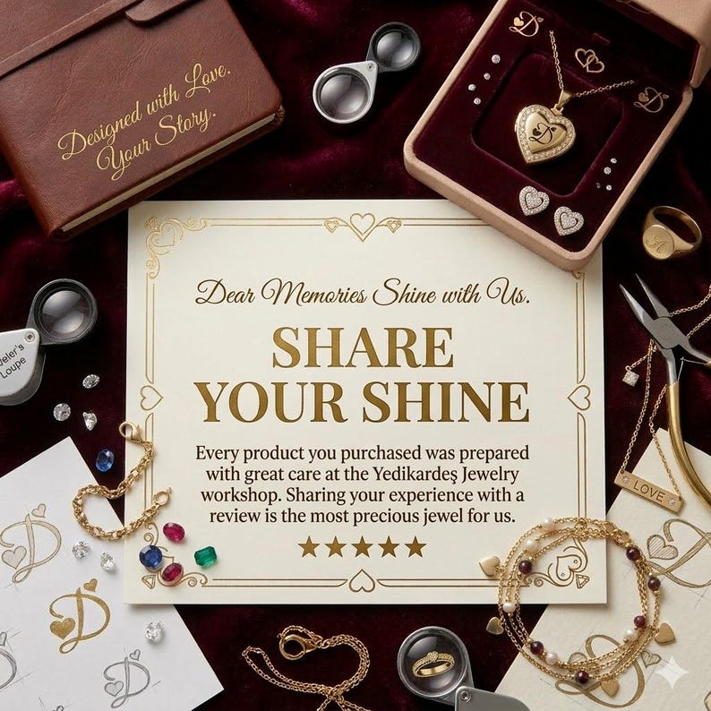 May include: An assortment of gold jewelry, including a heart-shaped pendant necklace, earrings, and a ring, displayed with a brown leather-bound notebook and a card that reads "Share Your Shine."