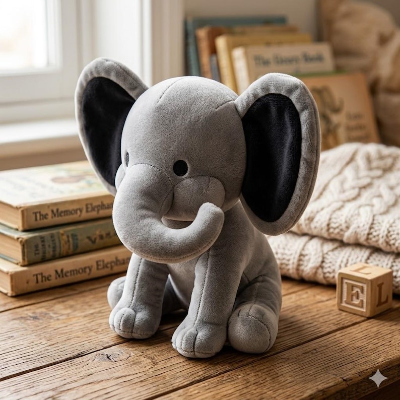 K&ouml;nnte beinhalten: Ein graues Pl&uuml;schelefant-Spielzeug mit schwarz gef&uuml;tterten Ohren sitzt auf einer Holzoberfl&auml;che. Der Elefant hat einen R&uuml;ssel, kleine schwarze Augen und sitzt. Im Hintergrund sind B&uuml;cher und ein Holzblock zu sehen.