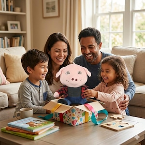 May include: A family smiles while opening a gift box containing a plush pig toy. The pig has a pink face, black eyes, and a red and black plaid shirt. The box is decorated with colorful patterns and a teal ribbon.