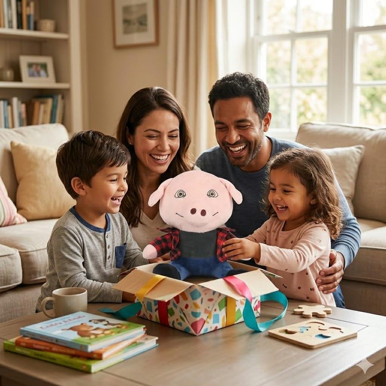 May include: A family smiles while opening a gift box containing a plush pig toy. The pig has a pink face, black eyes, and a red and black plaid shirt. The box is decorated with colorful patterns and a teal ribbon.
