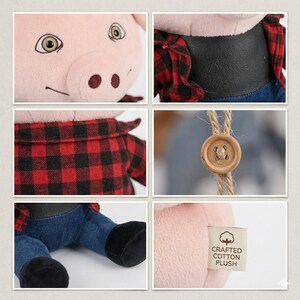 May include: A plush pig toy with a pink face, green eyes, and a red and black plaid shirt. The pig is wearing blue denim overalls and black shoes. A tag reads "Crafted Cotton Plush".