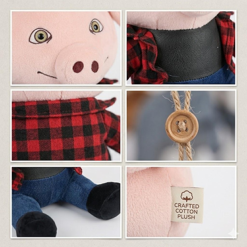 May include: A plush pig toy with a pink face, green eyes, and a red and black plaid shirt. The pig is wearing blue denim overalls and black shoes. A tag reads "Crafted Cotton Plush".