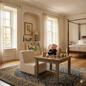 May include: A child's room with a beige chair, a wooden table, and a plush pig toy. The table holds wooden blocks and colorful rings. A four-poster bed is in the background. The room has a patterned rug and a bookshelf with children's books.